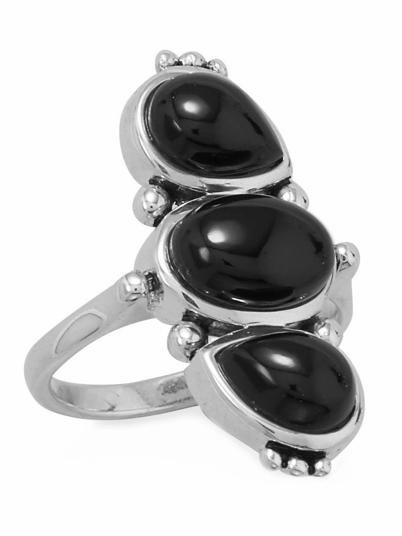 Sterling Silver Black Onyx Ring with Three Stones Pear and Oval Exclusive Statement Artisan Finish