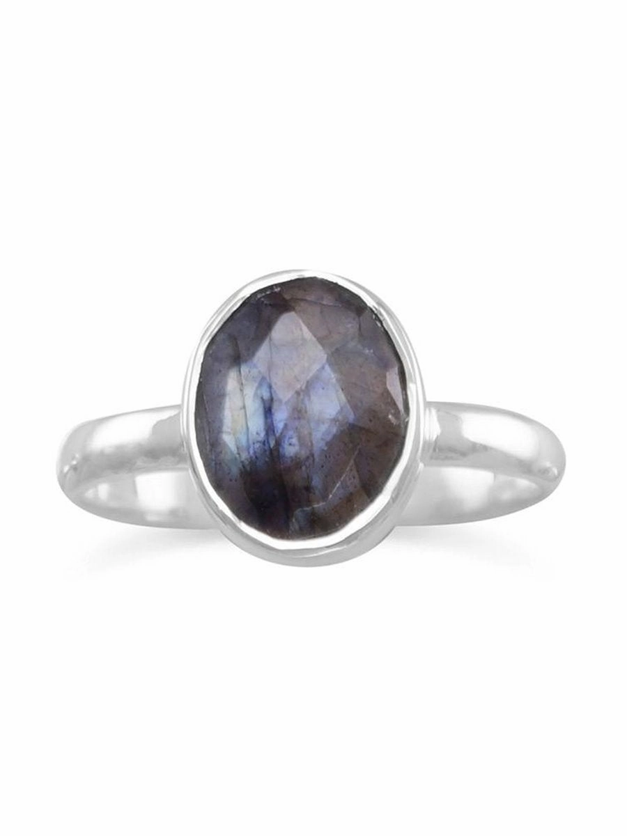 Analog Style Refined Finish Stackable Ring Faceted Labradorite Sterling Silver
