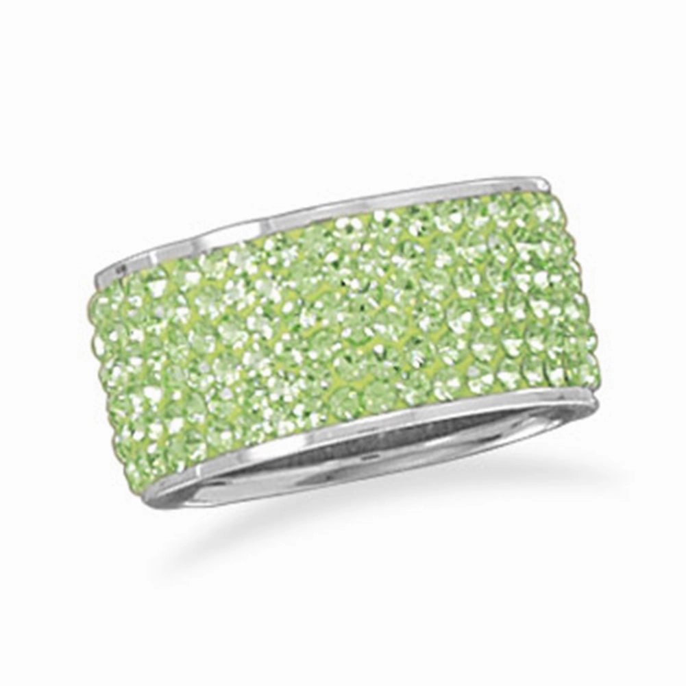 Wide Band Ring Pave Green Crystal 10.5mm Sterling Silver Retro Inspired Quality Product