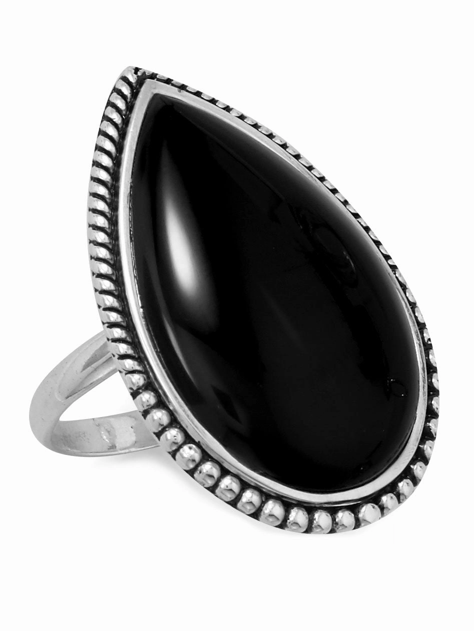 Creative Memento Custom Style Sterling Silver Large Black Onyx Ring Beaded Edge