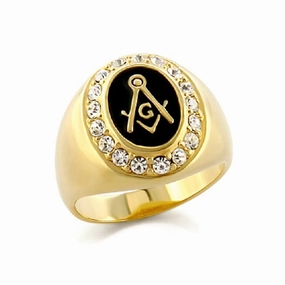 Opulent Design Designer Design AzureBella Jewelry Yellow Gold-Bonded Masonic Ring with Black Enamel and Cubic Zirconia Halo