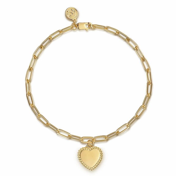 Romantic Event 14K Yellow Plain Gold Paperclip Bracelet with Personalizable Bujukan Heart Charm