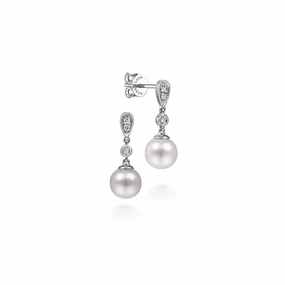 14K White Gold Vintage Inspired Style Diamond Pearl Drop Earrings Warm Accent Unique Ornament
