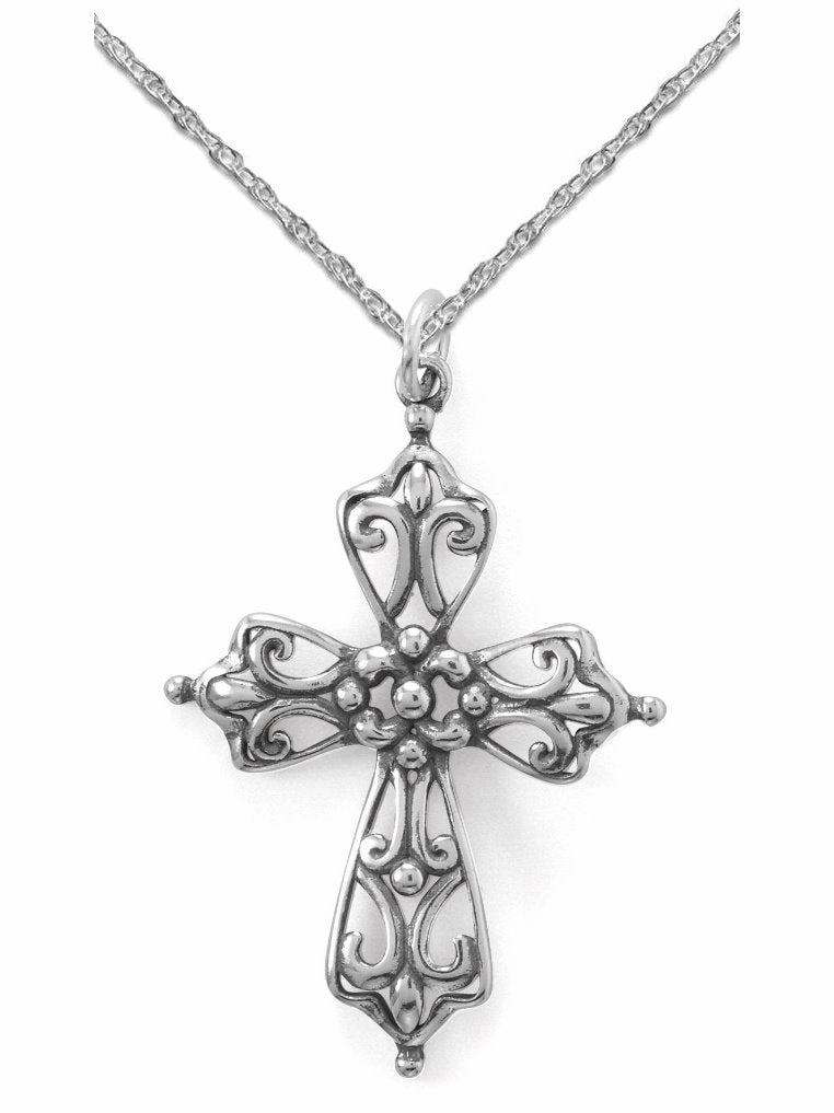 Cross Necklace Beaded Open Swirl Design Antiqued Sterling Silver with Chain Night Shine Gentle Radiance