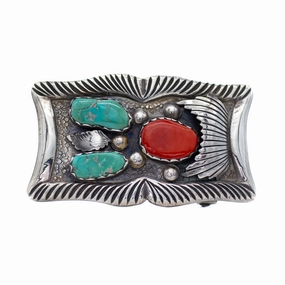 Artisan Made Refined Style Mike Simplicio Vintage Sterling Silver Coral & Turquoise Belt Buckle
