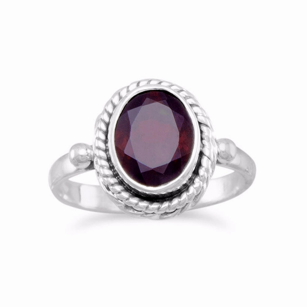 Economical Product Faceted  Garnet Ring Oval Sterling Silver Rope Design