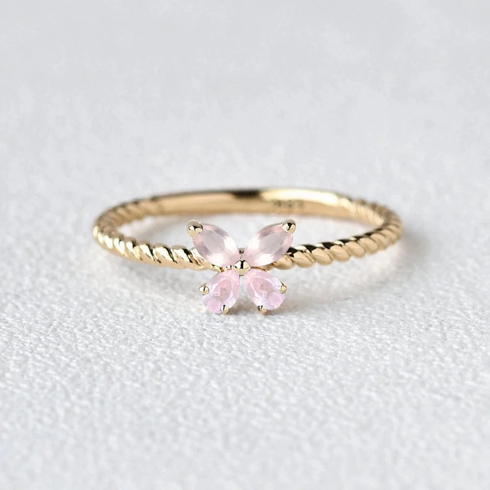 Unique Shine Fairy Ring - Rose Quartz Butterfly Gold Ring