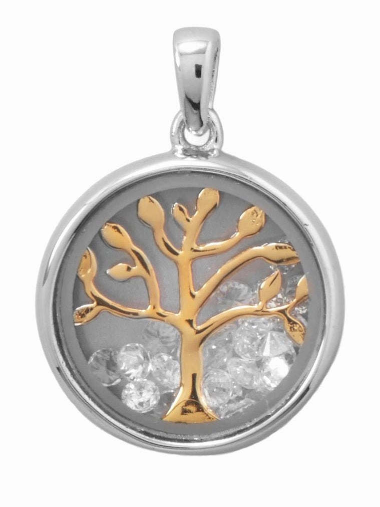 Unique Detail Family Tree of LIfe Dancing Cubic Zirconia Pendant Two Tone Rhodium on Sterling Silver