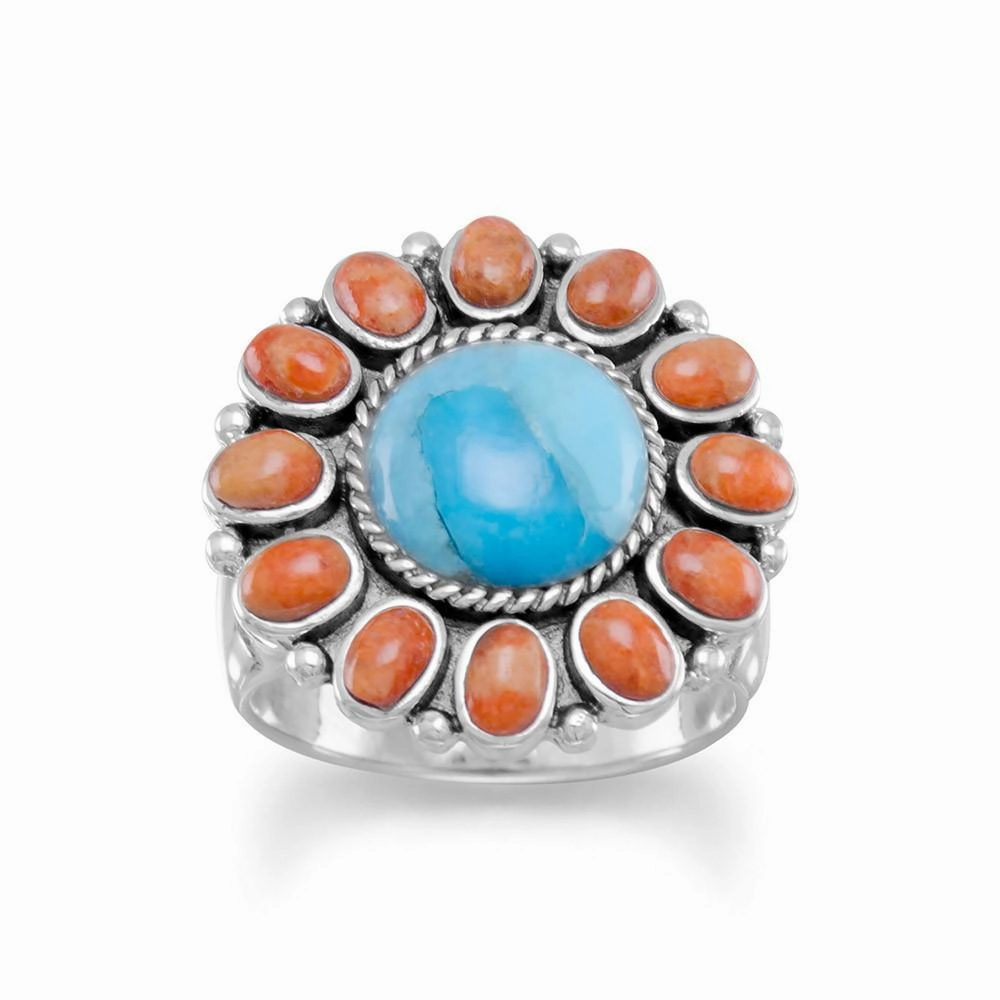Romantic Moment Fashionable Adornment Sterling Silver Reconstituted Turquoise and Coral Flower Sunburst Ring
