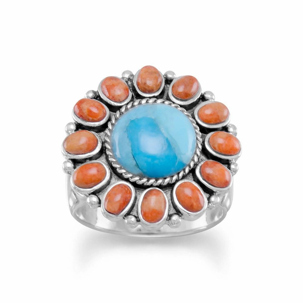 Superior Gift Sterling Silver Reconstituted Turquoise and Coral Flower Sunburst Ring