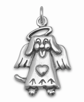 Dog Angel Charm - Antiqued Sterling Silver Subtle Detail Modern Pair