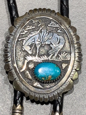 Tommy Singer Navajo ??End of the Trail?? Sterling Silver Turquoise Bolo Lively Accent Soft Glamour