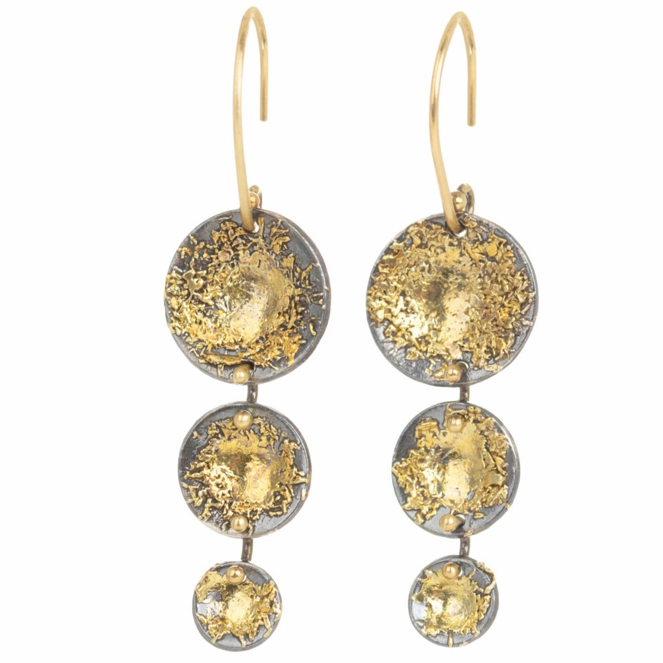 Blossom Earring Drops - 22k Gold Dust, 18k Gold   Oxidized Silver Circular Adornment Square Jewelry
