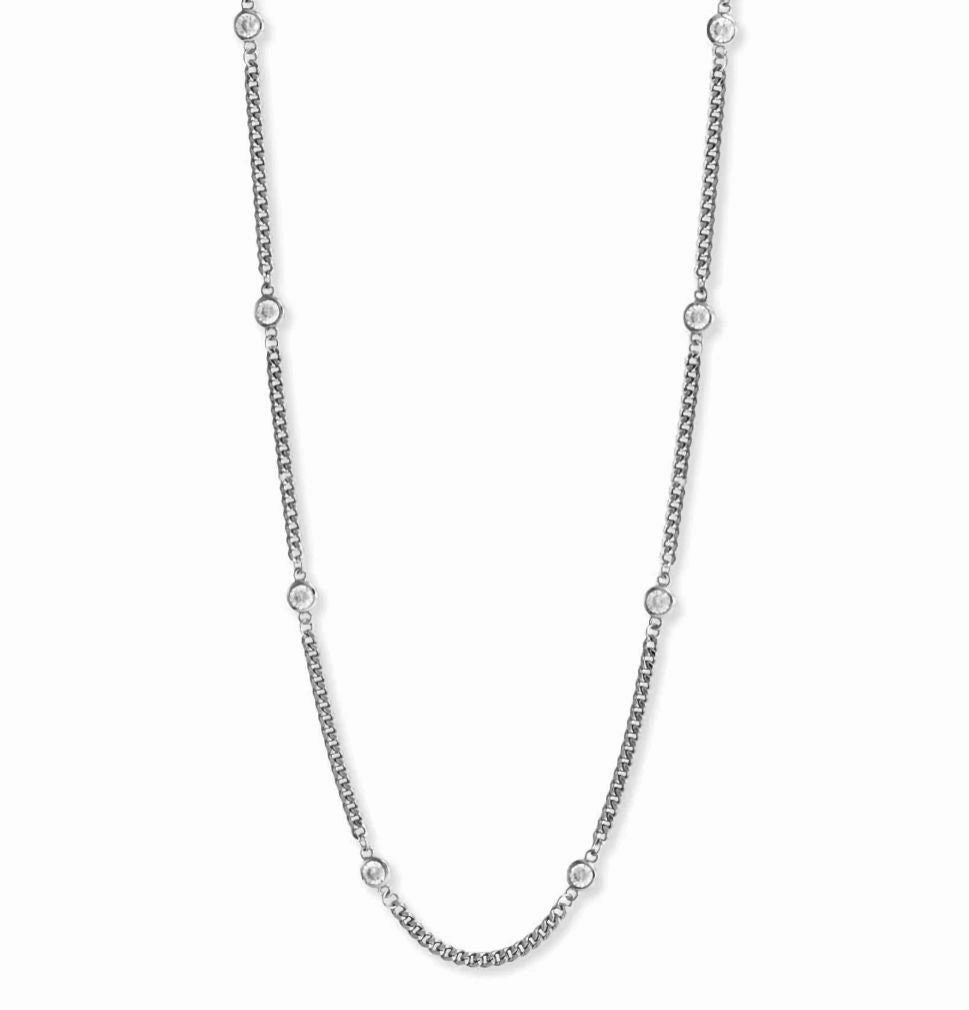Work Friendly Charming Piece Curb Chain Station Necklace with Cubic Zirconia Rhodium on Silver, Adjustable Length