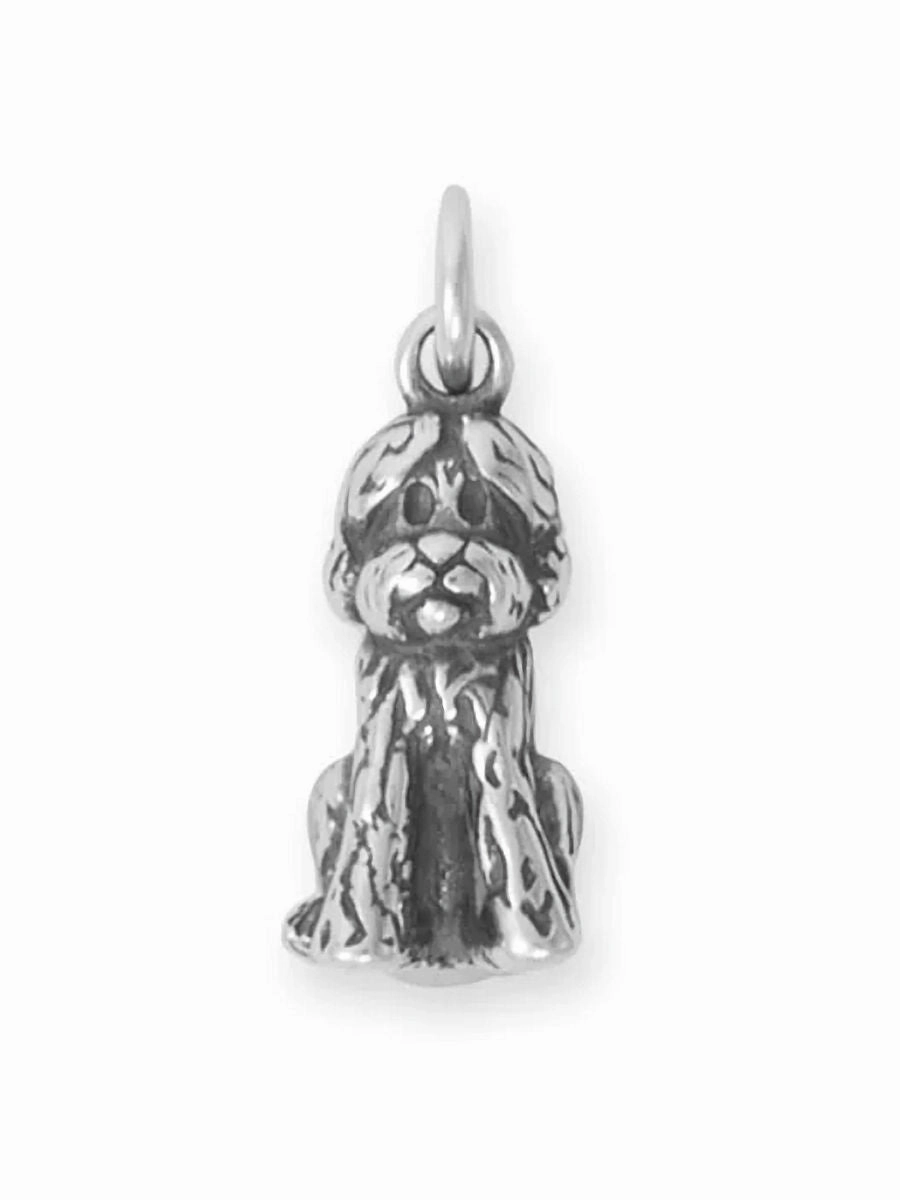 Simple Form Clean Texture Goldendoodle Charm Sitting Dog 3D Sterling Silver