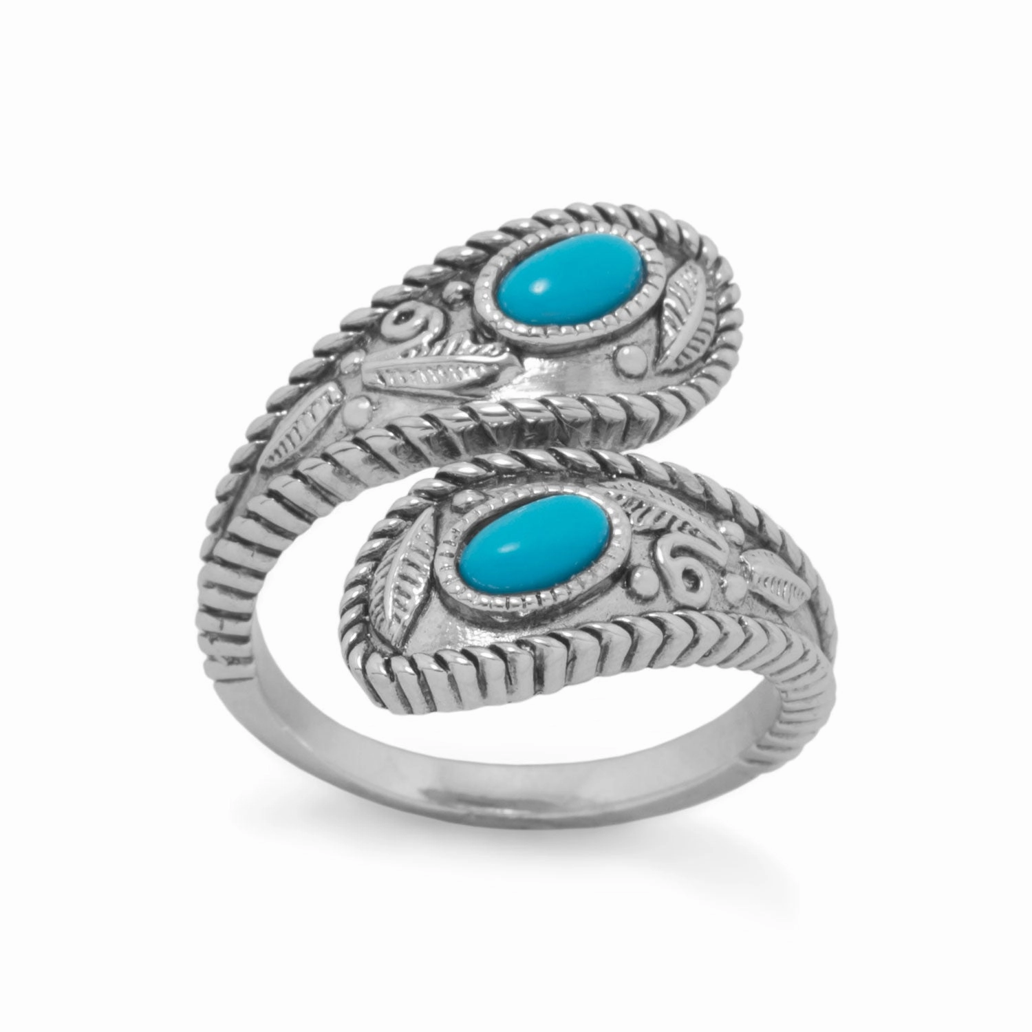 Reconstituted Turquoise Southwestern Leaf Wrap Ring Rhodium on Sterling Silver Simple Keepsake