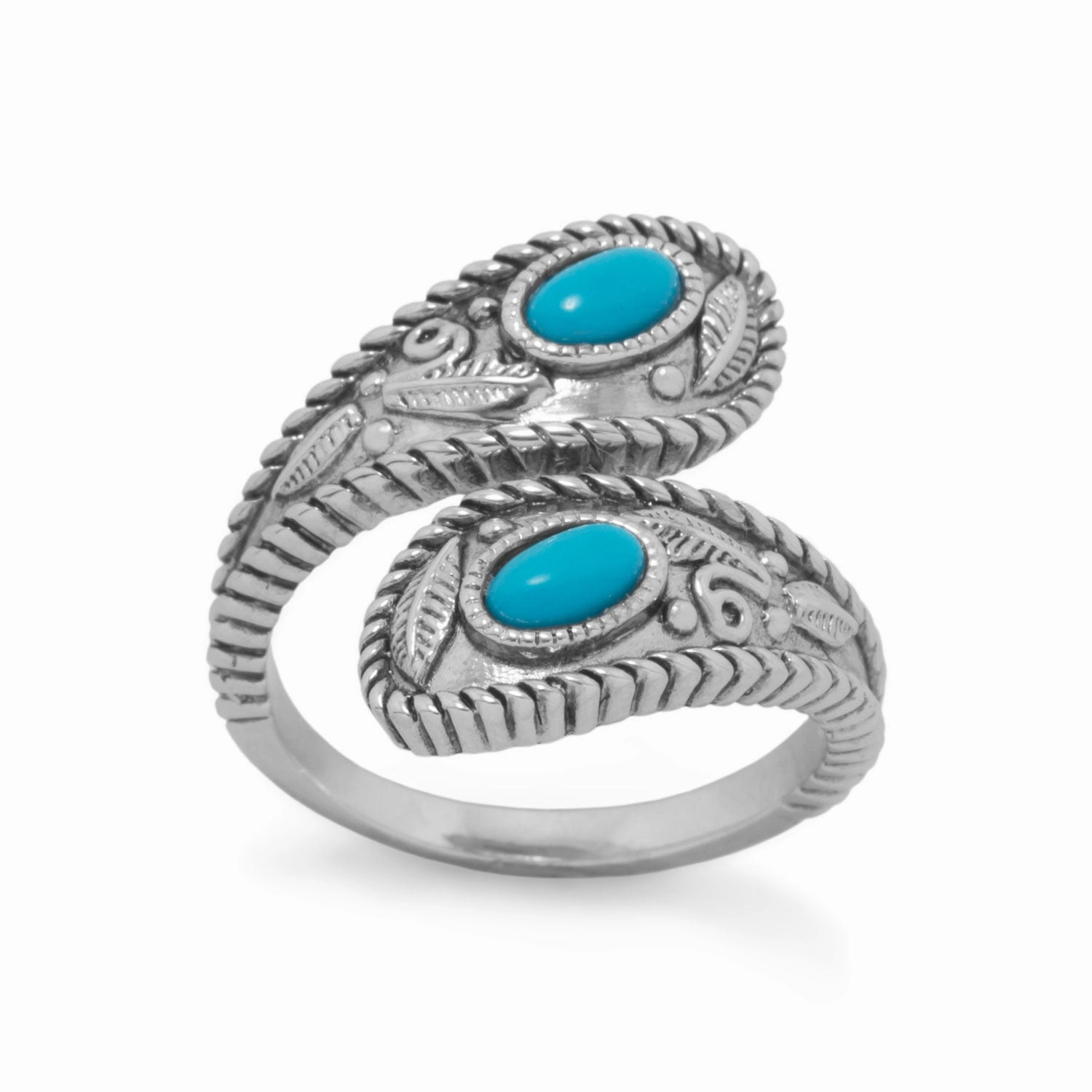 Reconstituted Turquoise Southwestern Leaf Wrap Ring Rhodium on Sterling Silver Couple Gift Trendy Finish
