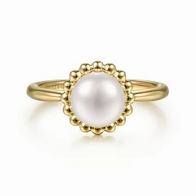 Fashion Spark 14K Yellow Gold Pearl Ring with Bujukan Beaded Halo