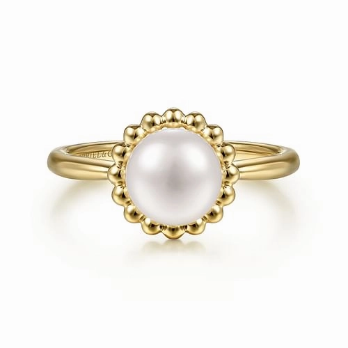 Fashion Spark 14K Yellow Gold Pearl Ring with Bujukan Beaded Halo