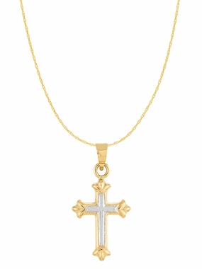 Modern Attire Neutral Spark 14k Gold Two-tone White and Yellow Small Fleuree Cross 18-inch Chain Necklace
