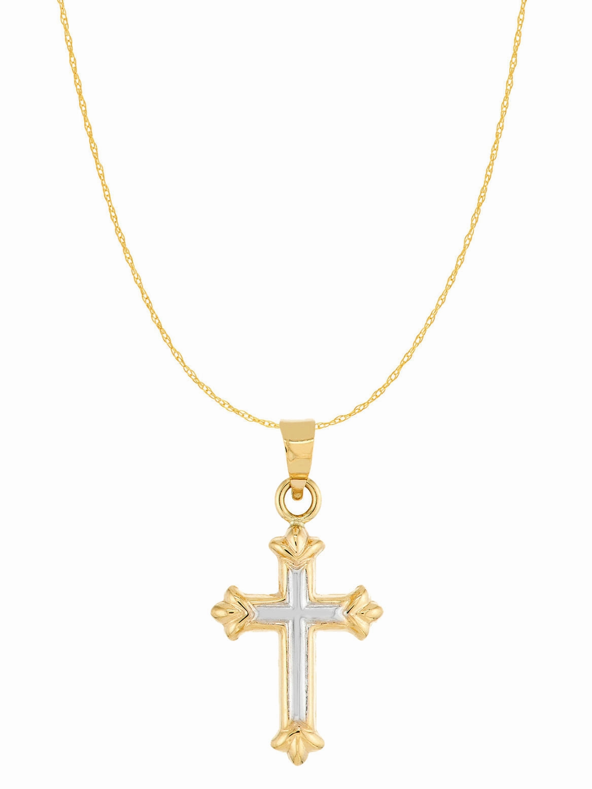 Modern Attire Neutral Spark 14k Gold Two-tone White and Yellow Small Fleuree Cross 18-inch Chain Necklace