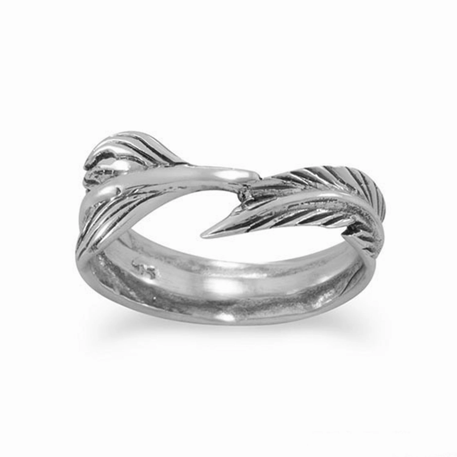 Luxury Token Feather Ring Antiqued Sterling Silver Band
