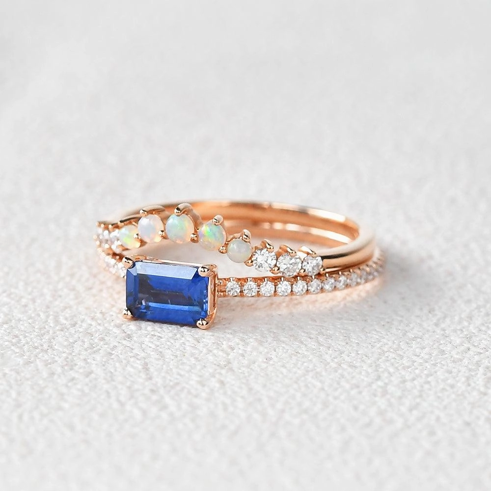 Felicegals Baguette Cut Sapphire & Opal Rinig Set 2pcs Timeless Treasures Glamorous touch
