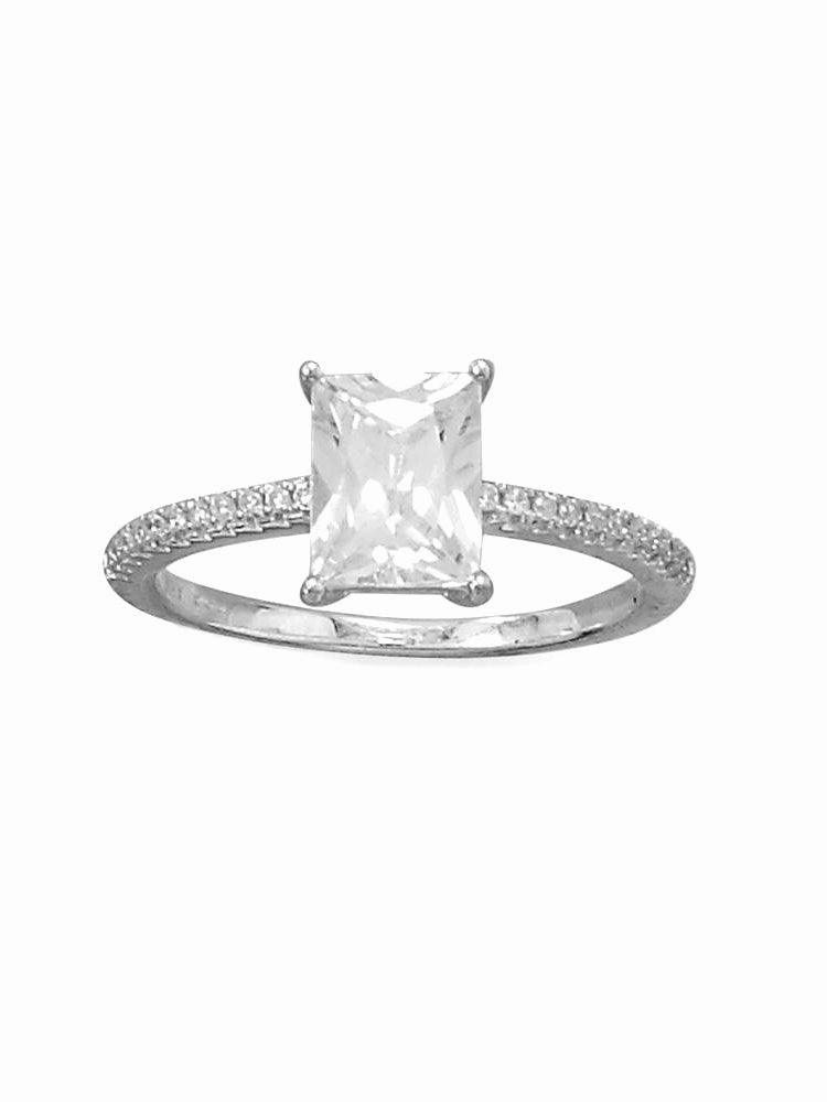 Decorative Purpose Baguette Rectangle Ring Cubic Zirconia Band Rhodium on Sterling Silver