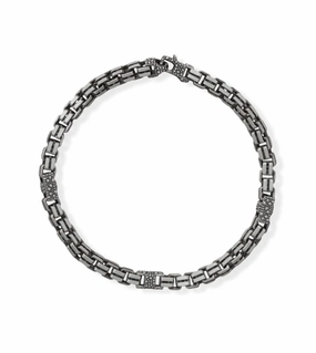 Mens Box Chain Bracelet Black Ruthenium Brushed Sterling Silver 8.5 inches Glossy Detail Exclusive Touch