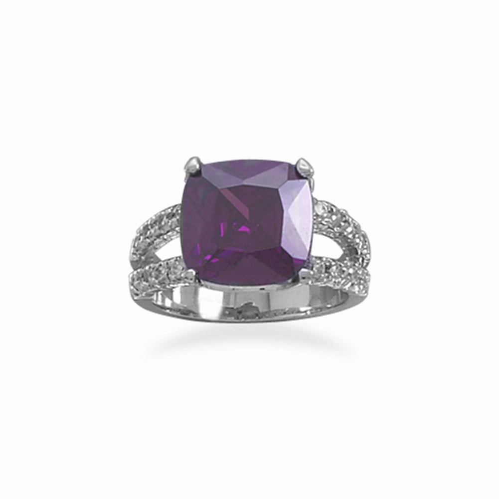 Purple Cubic Zirconia Ring Soft Square with Split Band Rhodium Plated Sterling Silver Artful Gift