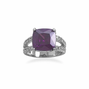 Purple Cubic Zirconia Ring Soft Square with Split Band Rhodium Plated Sterling Silver Artful Gift