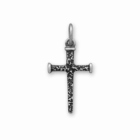 Small Nails Cross Charm Pendant Hammered Texture Antiqued Sterling Silver Modern Shape Sophisticated Glow