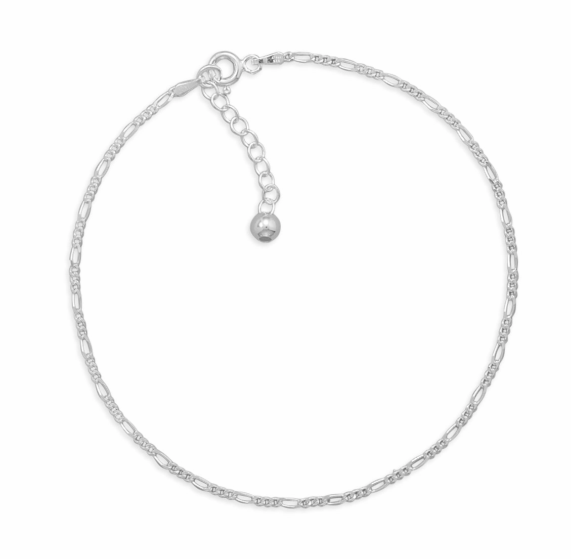 Ethereal Accent Elegant Shine Pieces Figaro Chain Anklet Sterling Silver Adjustable Length 9 to 10 inches