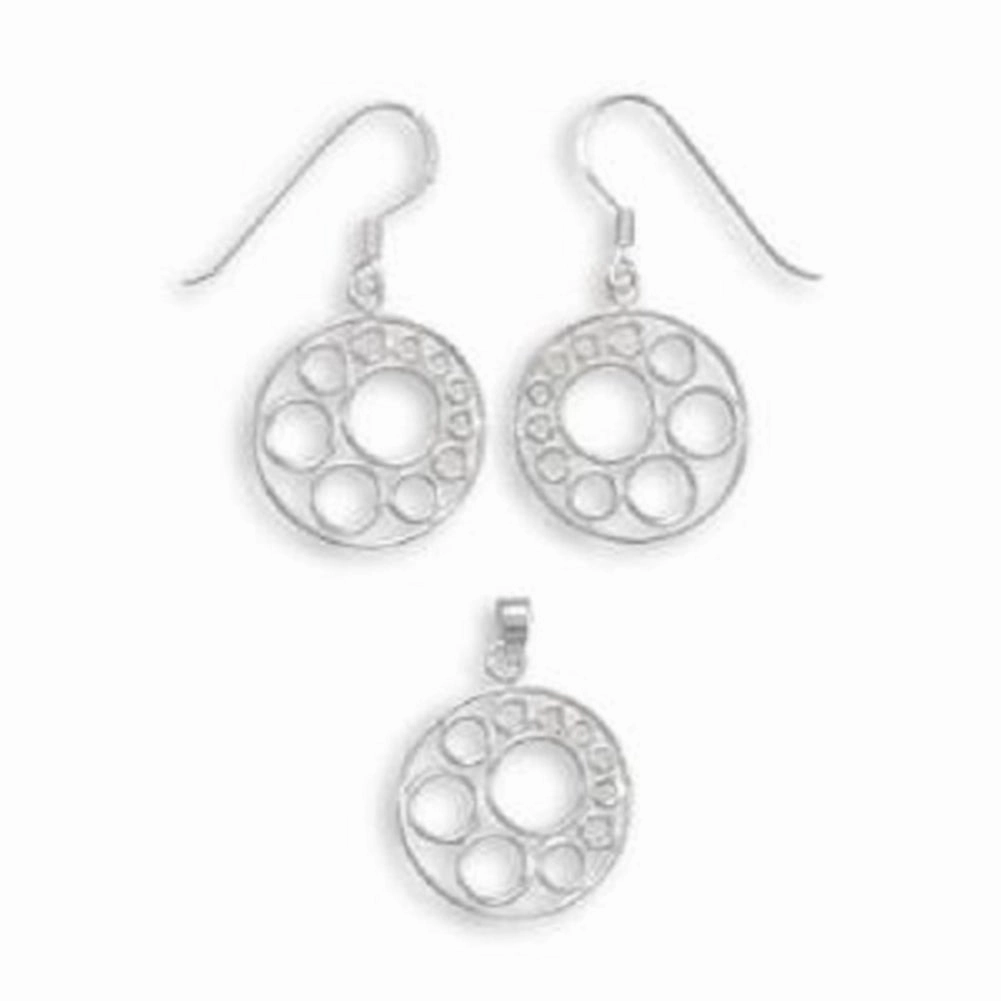 Filigree Circle Design Pendant and Earring Set Sterling Silver - with Chain Chic Charm Glamour Shine