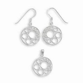 Filigree Circle Design Pendant and Earring Set Sterling Silver - with Chain Chic Charm Glamour Shine