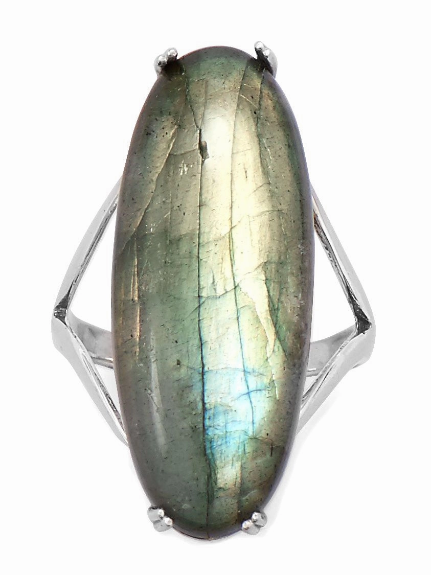Labradorite Ring Large Elongated Oval with Split Band Sterling Silver Glitzy Accessory
