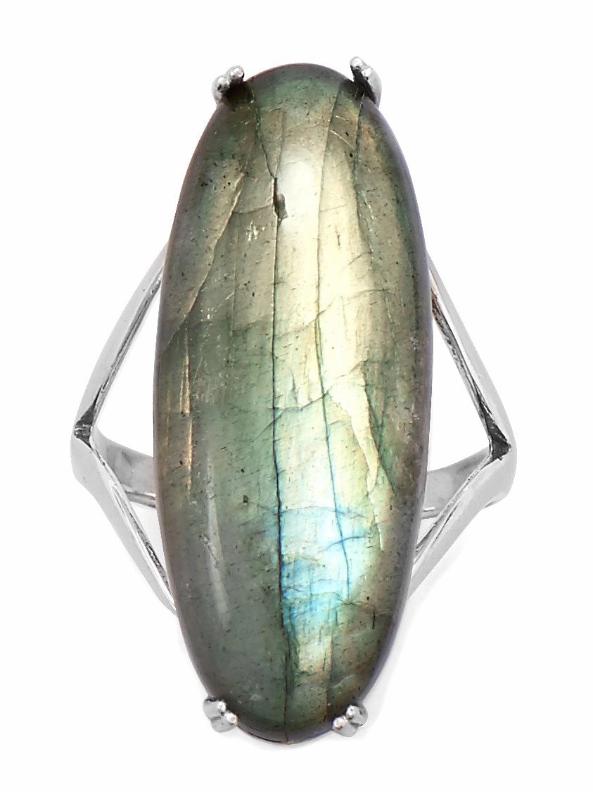 Sturdy Product Labradorite Ring Large Elongated Oval with Split Band Sterling Silver