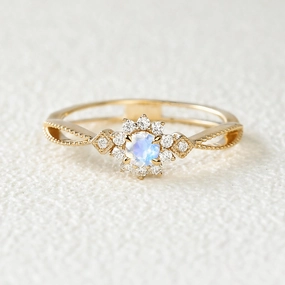 Moonstone & Moissanite Yellow Gold Ring Feminine Accent Neutral Spark