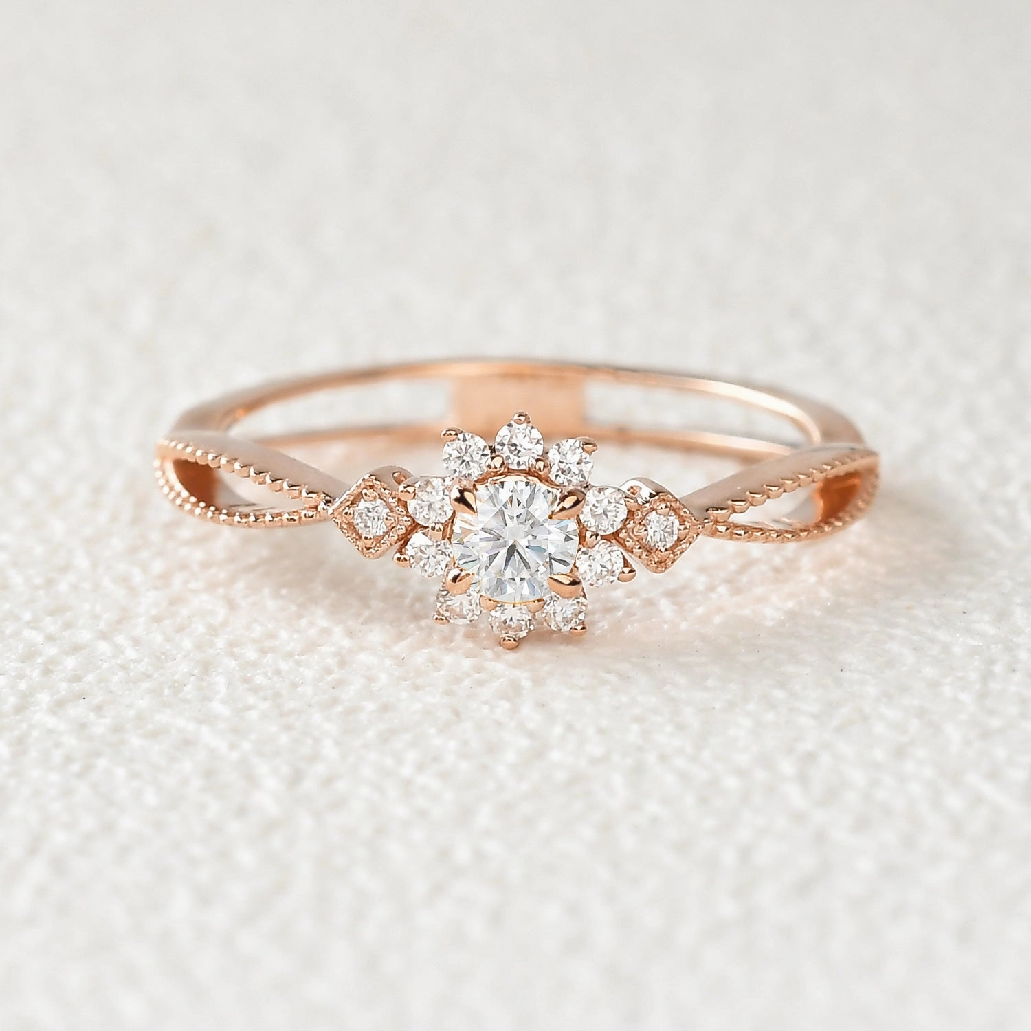 Moonstone & Moissanite Yellow Gold Ring Delicate Features Petite Style