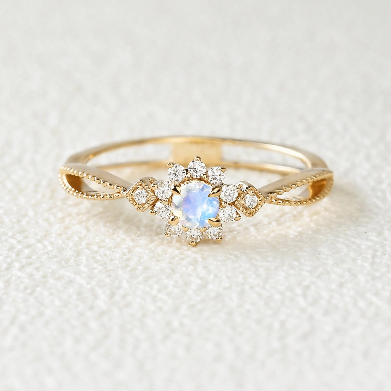 Moonstone & Moissanite Yellow Gold Ring Feminine Accent Neutral Spark