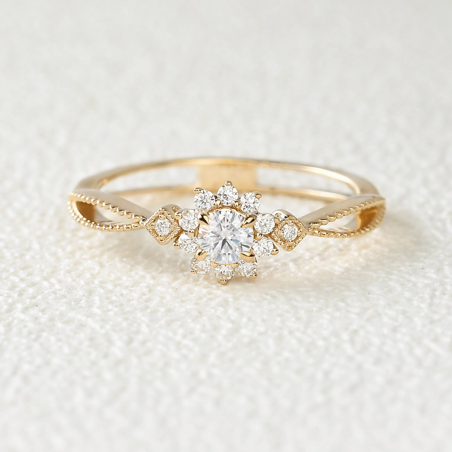 Modern feature Moonstone & Moissanite Yellow Gold Ring