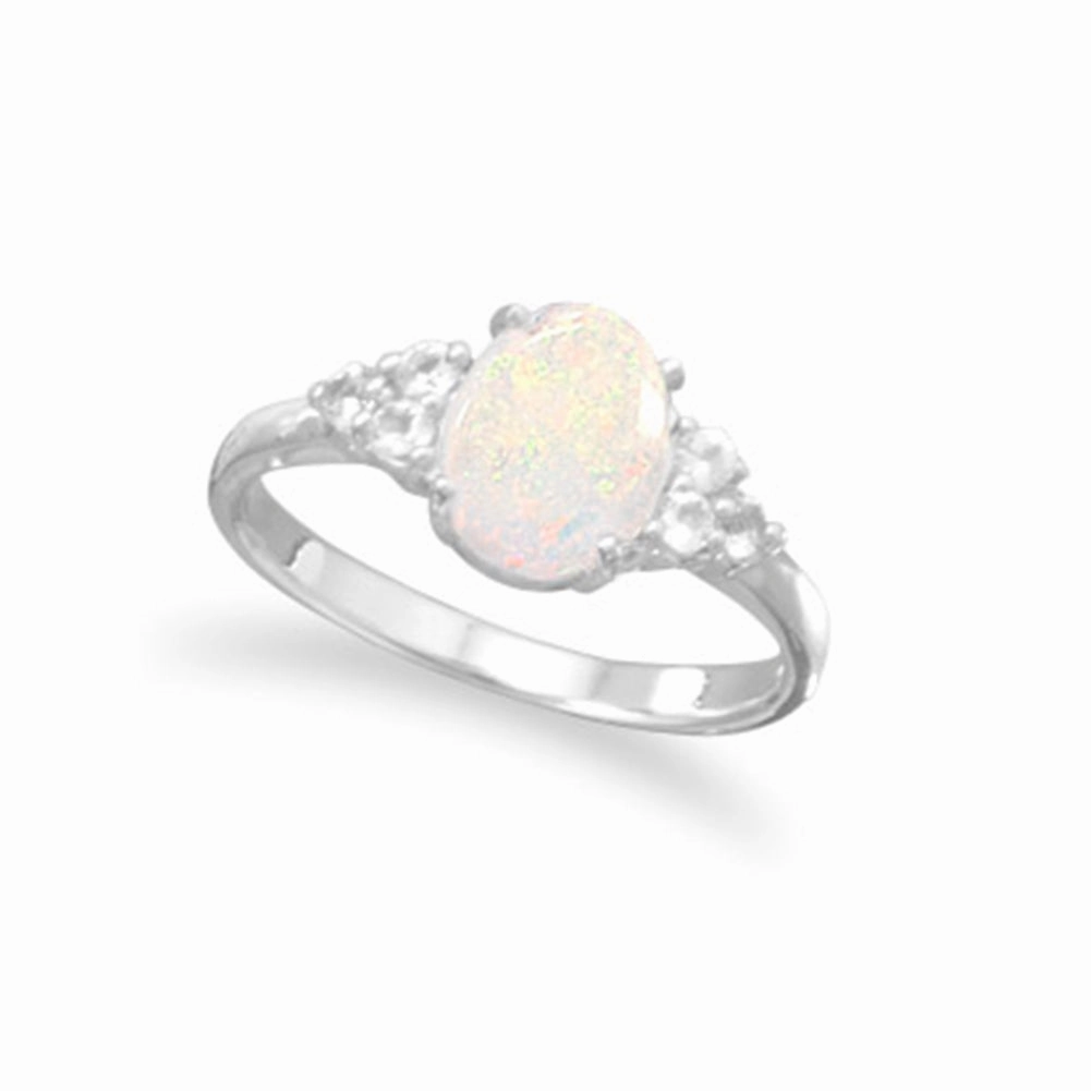 Octagonal Look Stretchable Fit Australian Opal and White Topaz Ring Rhodium on Sterling Silver - Nontarnish