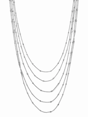 Ethereal Detail Lush Touch Layered Five Strand Necklace Rhodium on Sterling Silver Satellite Chain Bead