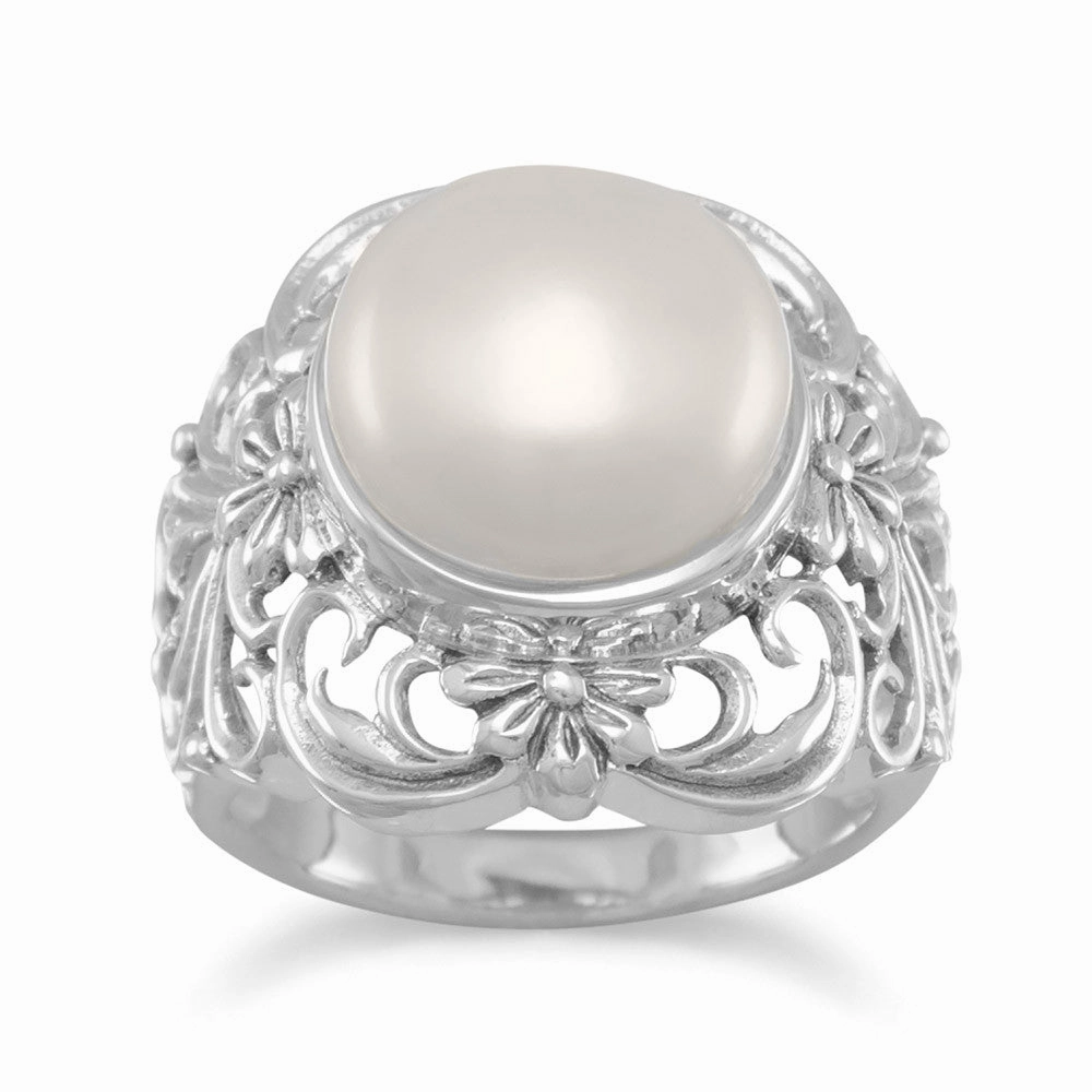 Cultured Freshwater Pearl Ring with Filigree Design Sterling Silver Daily Style