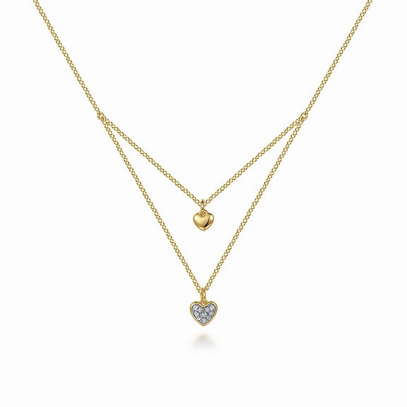 14K Yellow Gold Diamond Double Heart Pendant Necklace Camera Glow Trendy Sparkle