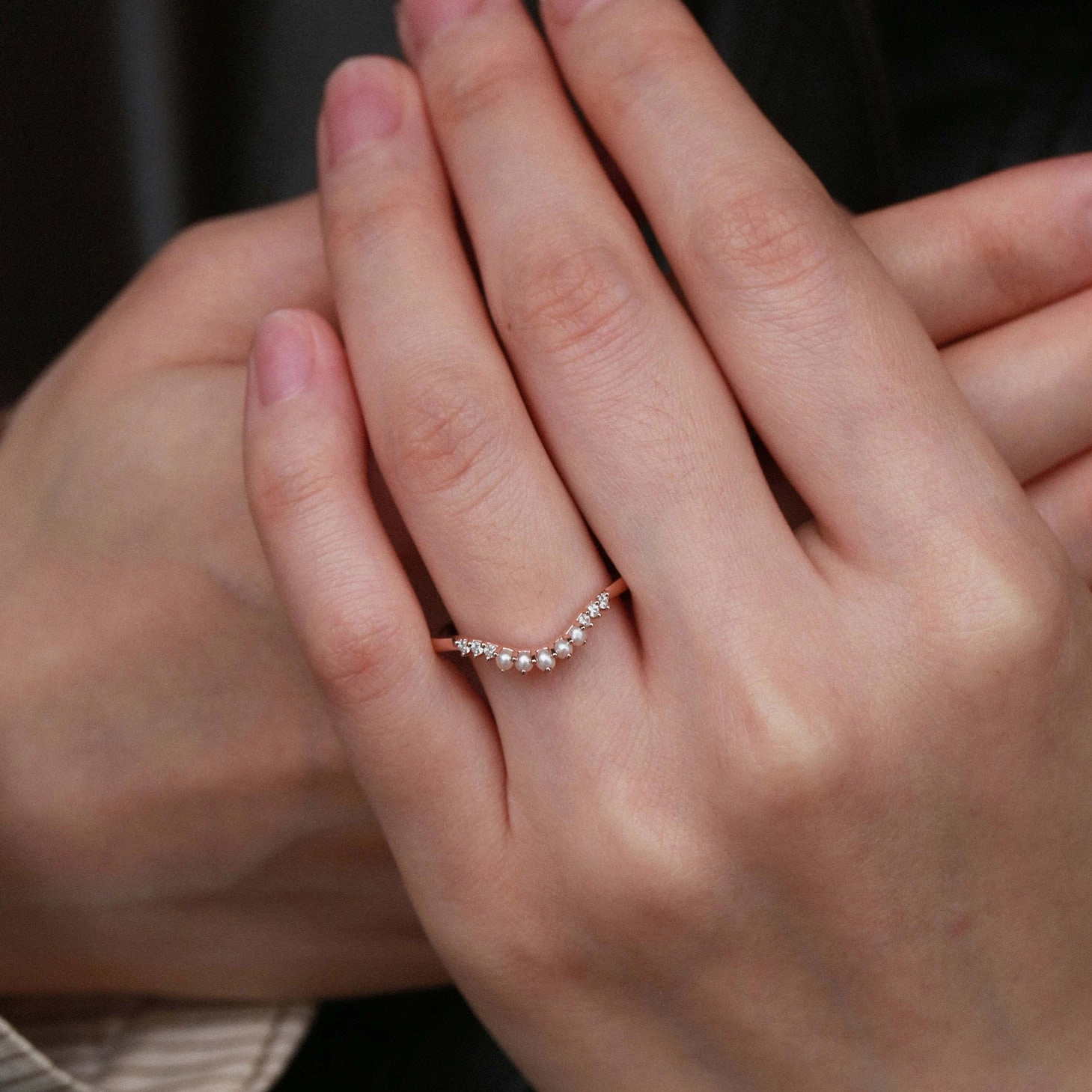 Minimal Feature Crisp Edge Natural Pearl Curved Stacking Ring