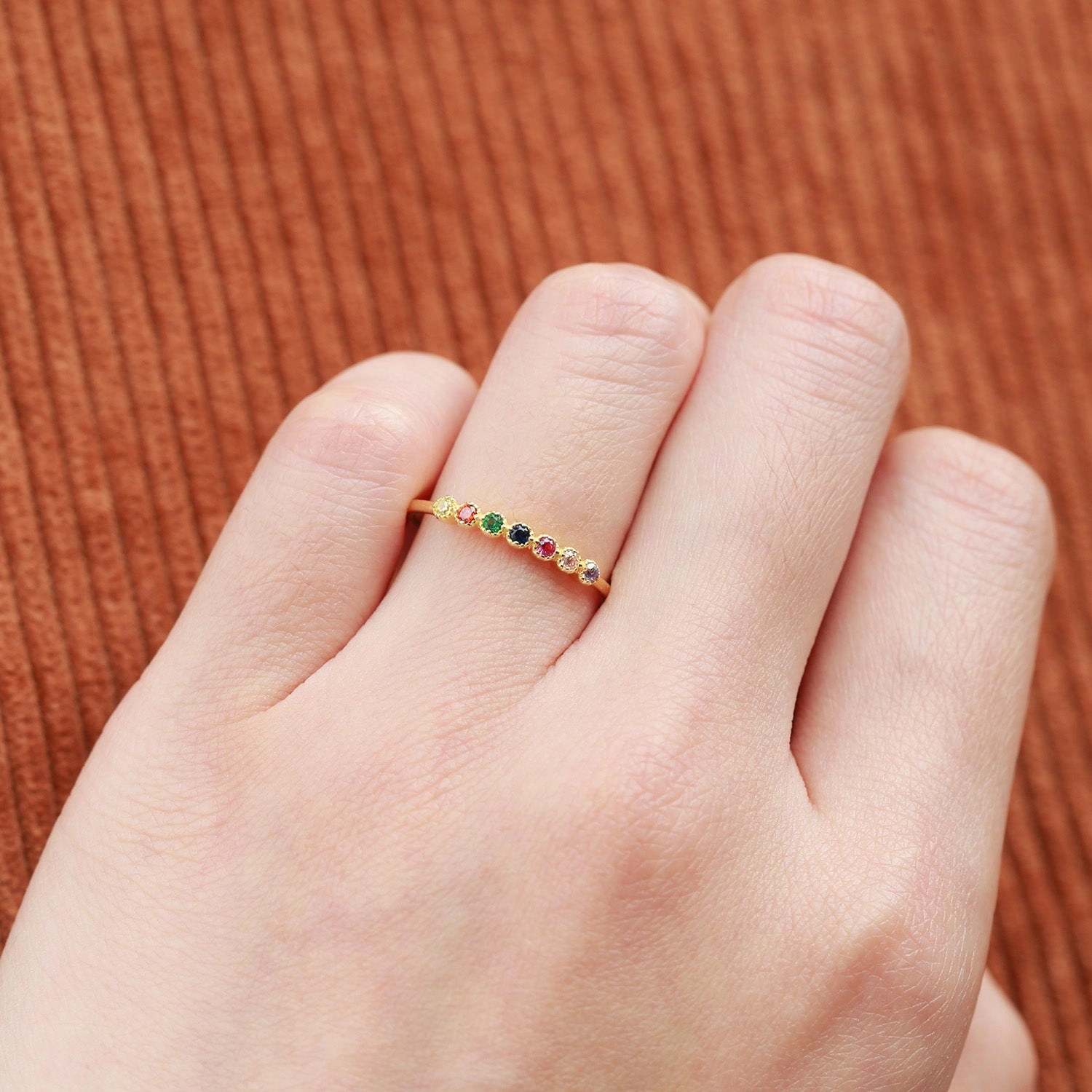 Minimal Touch Event Look Rainbow Lab Sapphire Gemstone Half Rose Gold Wedding Band