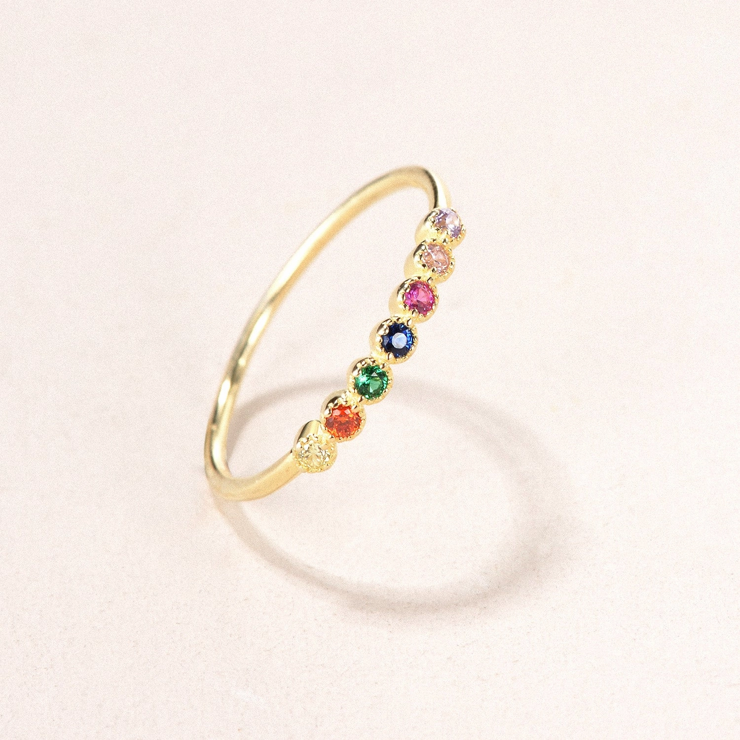 Unique Creation Art Deco Feel Rainbow Lab Sapphire Gemstone Half Rose Gold Wedding Band