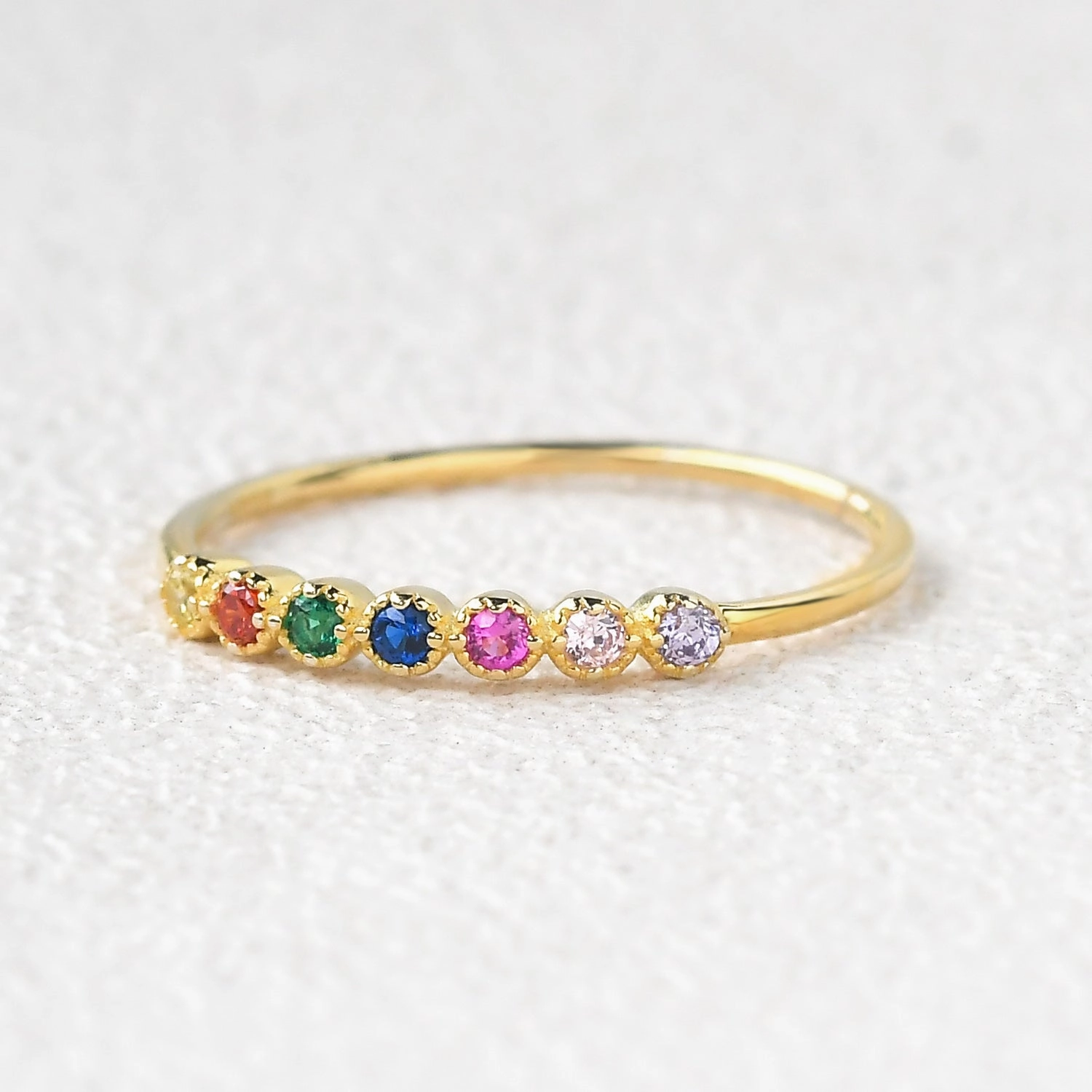 Luminous Glow Subtle Spark Rainbow Lab Sapphire Gemstone Half Rose Gold Wedding Band