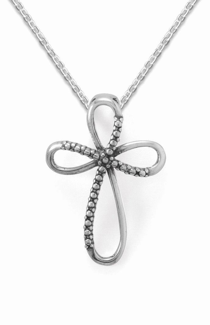 Looped Cross Pendant Slide Bead Design Antiqued Sterling Silver with Chain Sleek Touch